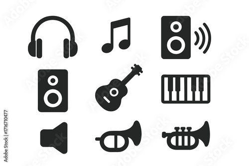 Music icons set, audio symbols collection. Minimalist vector glyphs for web and app design. Includes headphones, speaker, note, guitar, piano keyboard, and trumpet pictogram.