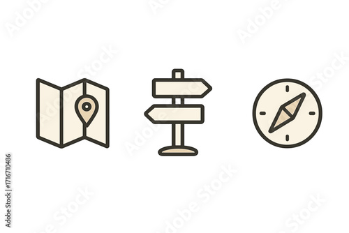 Vector icon set for navigation and travel. Minimalist cartoon illustration of a map with location pin, a signpost for direction, and a compass. Adventure and exploration symbols.