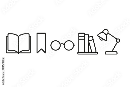 Book reading icon set vector. Minimalist line icons of open book, bookmark, glasses, bookshelf, lamp. Education, learning, study concept. Library, bookstore symbol pack.