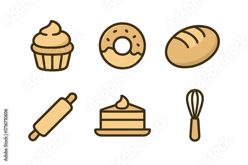 Bakery icon set vector. Pastry sweet food collection. Cartoon dessert elements. Cupcake, doughnut, bread, cake slice, rolling pin, whisk. Confectionery baking design graphic.