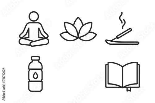 Minimalist wellness and meditation icons set including yoga pose, lotus flower, incense burning, hydration bottle, and open book for health and mindfulness concepts