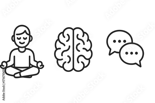 Mental health and psychology icon set. Minimalist line art icons for wellness, meditation, and mindfulness. Brain, communication, and therapy symbols. Vector illustration.