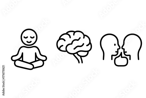 Mental health and psychology icons. Minimalist vector line art set for wellness, meditation, mindfulness, brain, thinking, communication, therapy, and emotional support.