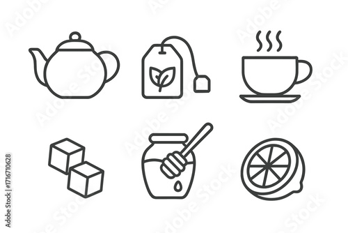 Tea time icons set. Minimalist line art collection with teapot, hot cup, teabag, honey jar, lemon slice, and sugar cubes. Vector symbols for cafe menu or beverage.