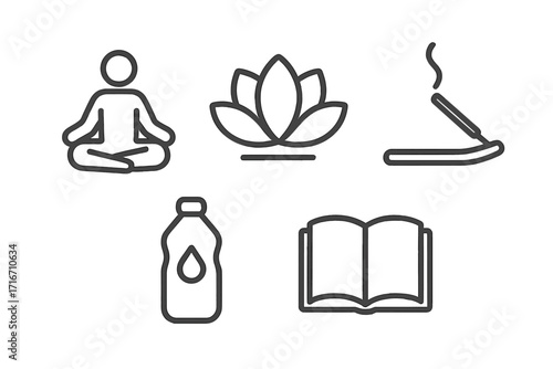 Minimalist wellness and meditation icons set with yoga pose, lotus flower, incense stick, hydration bottle, and open book, vector illustration for mindfulness and relaxation