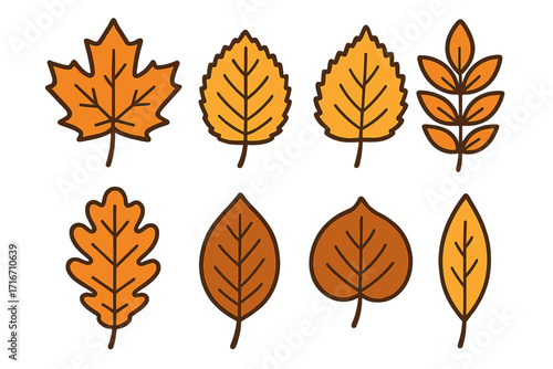 Autumn leaves icon set in a flat cartoon style. A collection of colorful fall foliage. Vector illustration with isolated design elements like maple, oak, and birch leaves.