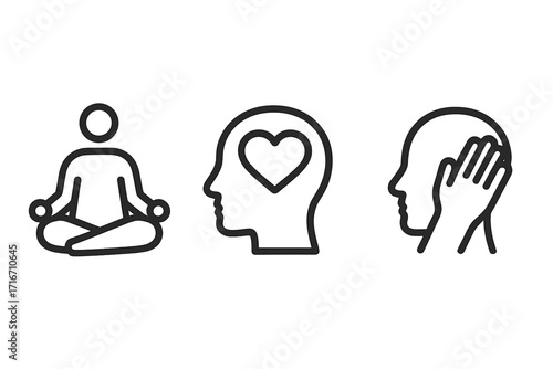 Mental health icons set with meditation, self love, stress. Vector symbols for mindfulness, wellness, self-care. Psychology, emotion and brain well-being concept line art.