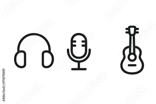 Music and podcast icon collection. Minimal outline vector set with headphones, retro microphone, and acoustic guitar. Audio, sound, and recording symbols for web and app.