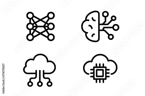 Minimalistic AI and technology icons set featuring neural networks, artificial intelligence brain, cloud computing, data circuits, and microchip integration, modern vector cartoon illustration