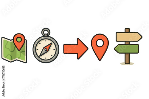Navigation icon set with map, compass, direction arrow, location pointer, and signpost, vector cartoon illustration with transparent background, travel and navigation symbols, ordered set