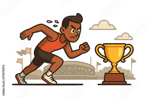 Motivated athlete sprinting fiercely towards golden trophy in competitive sports race, stadium background, determination and victory concept, cartoon vector illustration, transparent background