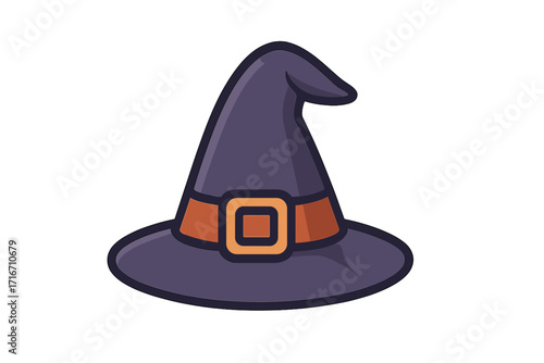 Witch hat icon for Halloween. Magic wizard costume accessory. Pointed cap with buckle. Sorceress headwear symbol. Fantasy witchcraft vector illustration. Cartoon style design.