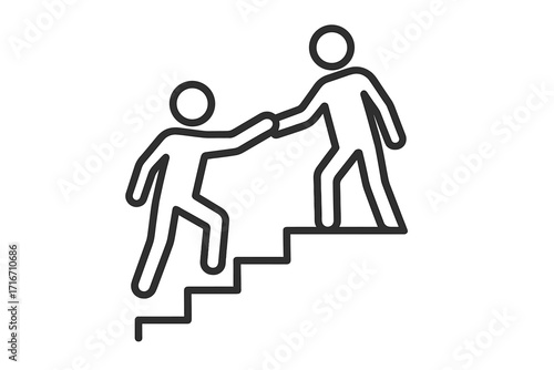 Helping hand on the stairs to success. Metaphor for support, assistance, and guidance. Concept of teamwork, coaching, and mentorship for career growth, and personal development.
