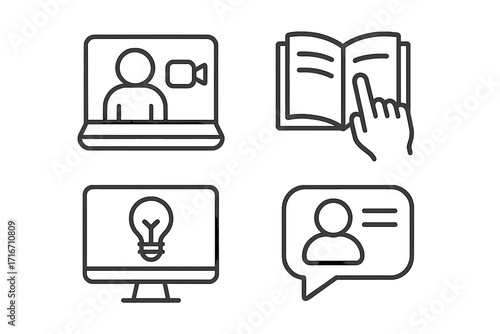 Online learning and communication icon set. Minimalist vector line art for e-learning, webinars, and digital business. Icons for video call, tutorial, idea, and user chat.