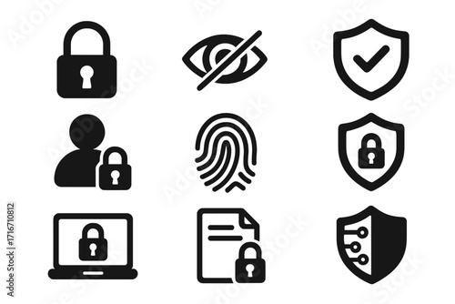 Privacy and data protection icons set in simple black style, vector security symbols collection, padlock, fingerprint, shield, user privacy, secure files, cyber protection, transparent background