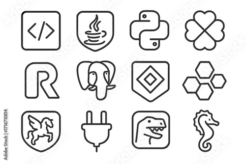Minimalist outline programming language icons set, vector cartoon illustration with transparent background, featuring Java, Python, R, PostgreSQL, and more, modern tech symbols collection