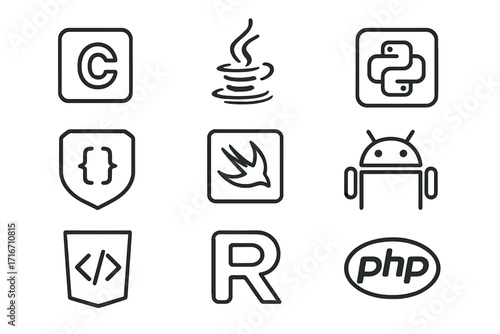 Minimalist outline programming language icons set, vector cartoon style with transparent background, including C, Java, Python, Swift, Android, PHP, R, HTML, and coding symbols