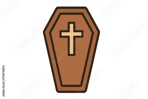 Coffin icon vector for death and funeral concepts. Casket with cross symbol illustration. Halloween horror graphic element. Simple wooden coffin for cemetery or grave design.