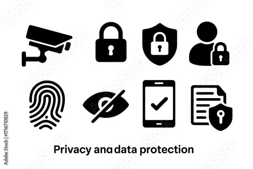 Privacy and data protection icons set in simple black style with security lock, fingerprint, shield, user privacy, mobile verification, invisible eye, and document confidentiality vector illustrations