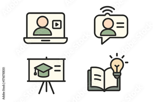 Online learning and e-learning icon set for digital education. Vector illustration of webinar, virtual communication, online course, and knowledge symbols for website and app design.