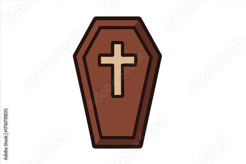 Coffin icon vector illustration. Casket with cross symbol for death, funeral, and burial. Halloween horror element. Isolated wooden container for dead person. Christian object.