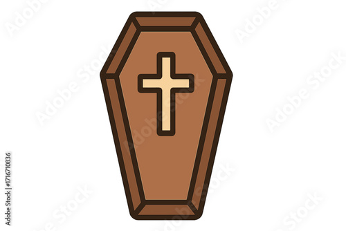 Coffin icon with cross for Halloween. Casket vector illustration. Funeral and death symbol. Spooky horror concept. Christian burial object. Gothic Dracula vampire theme.