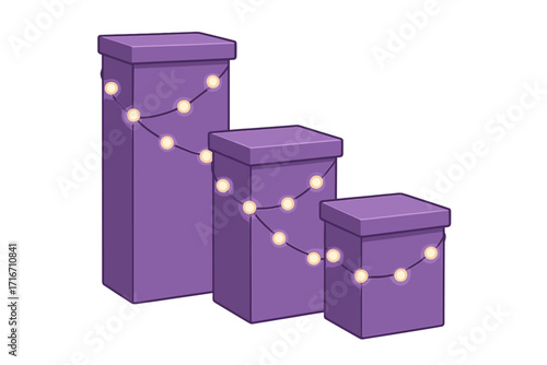 Purple display pedestals with decorative glowing string lights for event presentation setup in minimalist style, vector cartoon illustration with transparent background, festive decoration