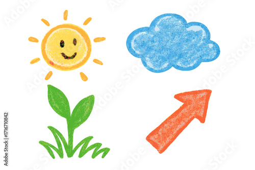 Hand-drawn crayon sketch doodle set. Cute kid's drawing with chalk texture. Smiling sun, blue cloud, growing plant sprout, and orange upward arrow. Vector icon collection.