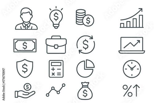 Business and finance thin line icons set. Investment, money management, and financial growth concepts. Vector collection with chart, dollar sign, graph, and calculator symbols.