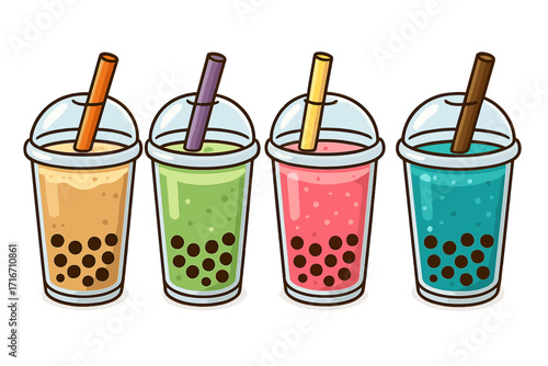 Popular bubble tea drinks with tapioca pearls in vibrant colors, cartoon vector illustration of refreshing beverages with straws and clear dome lids, colorful milk tea varieties on white background