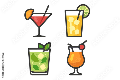 Cocktail icon set vector illustration. Flat cartoon style alcohol drinks collection. Bar menu symbols for summer party. Fresh juice beverages like mojito, cosmopolitan, hurricane.