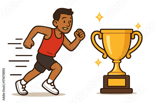 Runner sprinting toward shiny golden trophy symbolizing achievement, success, victory in sports competition, athletic motivation, winning concept, cartoon vector illustration