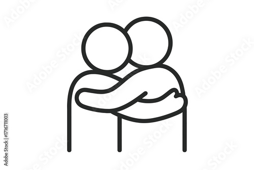 Hug between two people icon. Embrace, comfort, empathy, and emotional support concept. Symbol of friendship, love, family care, and togetherness. Vector thin line art illustration.
