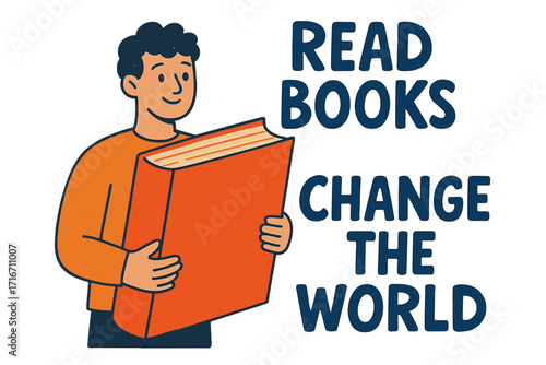 Read books change the world inspirational quote. Man character reading book for education and knowledge. Vector illustration for motivation, learning, literature and personal growth.