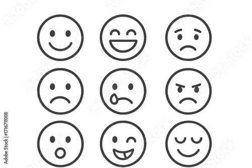 Simple line style emoji faces set with various emotions, cartoon vector illustration, transparent background, expressive emoticons collection, ordered facial expressions icons