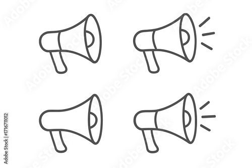 Megaphone line icon set. Bullhorn for announcement, marketing, and protest. Communication symbol collection. Loud speaker for voice and alert. Vector graphic for promotion.