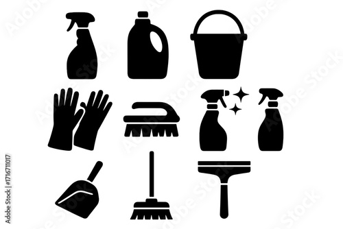 Silhouette icons of essential cleaning supplies for home and industry, vector set of gloves, spray bottles, bucket, broom, dustpan, brush, squeegee, and detergents with transparent background