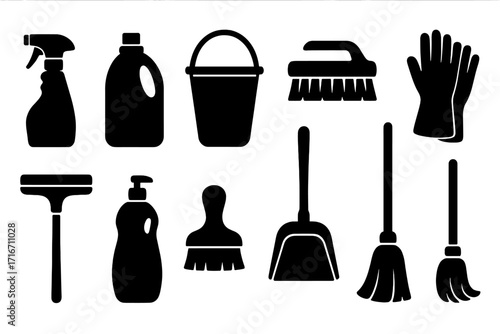 Silhouette icons of essential cleaning supplies for home and industry, vector cartoon illustration with transparent background, ordered set of cleaning tools, gloves, sprays, mop, bucket