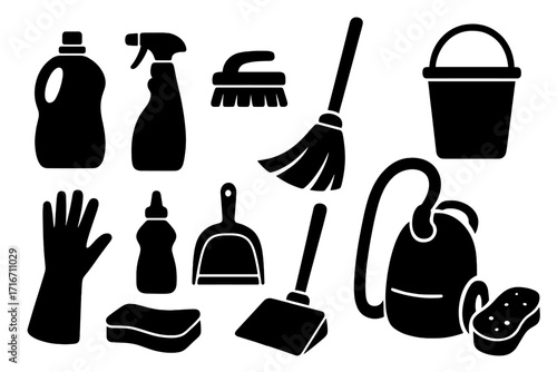 Silhouette icons of essential cleaning supplies for home and industrial use, vector set of household cleaning tools, detergent bottles, broom, mop, dustpan, vacuum cleaner, sponge, rubber gloves