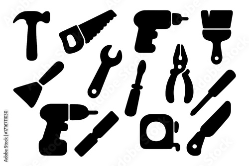 Silhouette icons of essential hand and power tools for construction, DIY projects, repair and maintenance, vector cartoon illustration, transparent background, ordered set