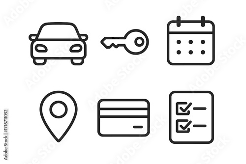 Car rental service icon set. Minimalist line icons for travel booking app. Vector symbols of car, key, calendar, location pin, credit card payment, and planning checklist.