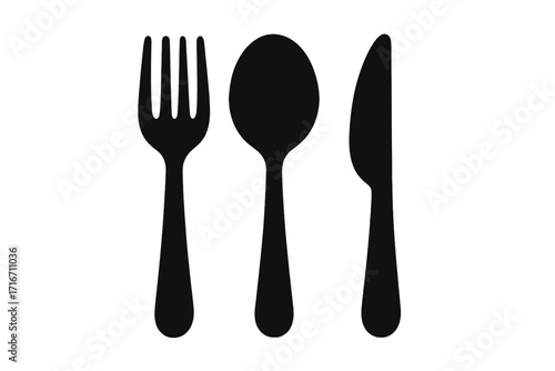 Cutlery icon with fork, spoon, and knife. Black silhouette for food, dining, and restaurant concepts. Simple tableware and utensil symbol for menu design. Vector set.
