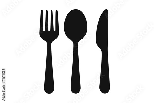 Cutlery vector icon set. Fork, spoon, and knife black silhouette. Tableware graphic for restaurant menu, dinner, lunch, or food concept. Simple flat minimal symbol.
