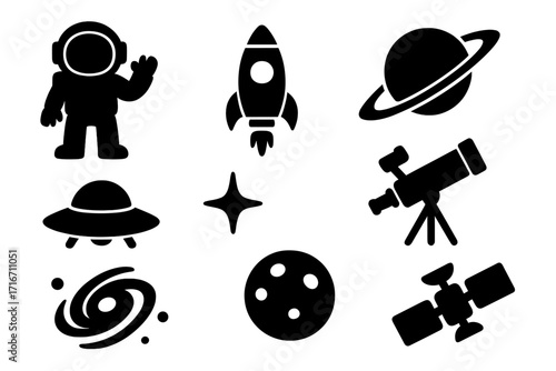 Silhouette space exploration icons set with astronaut, rocket, planet with rings, telescope, UFO, galaxy swirl, moon, satellite. Vector cartoon style, transparent background, ordered collection