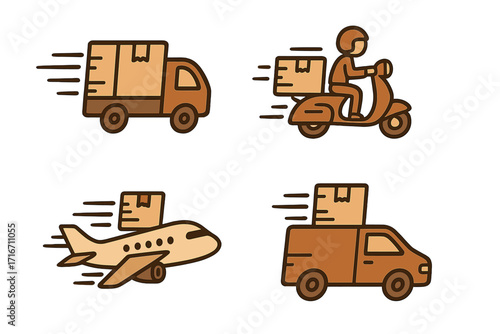 Delivery icons set for fast express shipping. Logistics and transport concept. Vector cartoon illustration of truck, courier on scooter, airplane, and van with package.