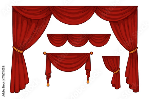 Elegant red theatre curtains and drapes set. Vector illustration of luxury velvet stage or cinema drapery. Classic theatrical pelmet, swag and border elements.