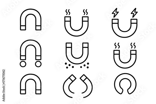 Magnet line icon set. Editable stroke vector pictograms. Horseshoe magnet, magnetic field and attraction force symbols. Physics science icons for UI UX web and app design.