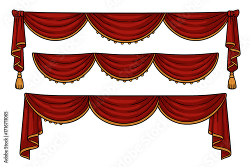 Set of red and gold theatre curtains. Vector illustration of a decorative stage valance border. Luxury drapery for circus or opera. Isolated on a transparent background.
