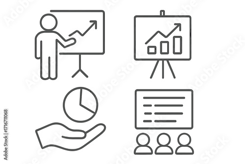 Business presentation line icon set. Data analysis, growth chart, financial report, training seminar, meeting audience. Vector infographic elements, graphs and diagrams.