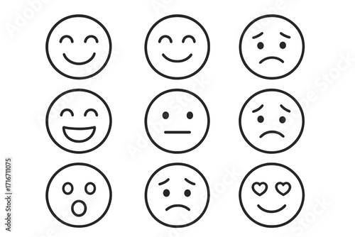 Simple line art emoticons displaying a range of emotional expressions, vector cartoon illustration with transparent background, ordered set of mood faces, happy, sad, surprised, love